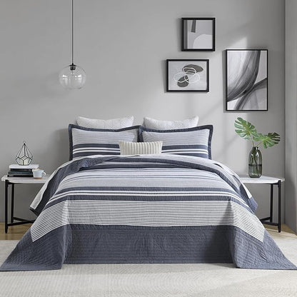 SahSahCasa 100% Cotton 120"×120" Oversized Bedspreads Coverlet, Striped California King XL Quilt Extra Large Bed Spread Lightweight Quilted Comforter, 3pcs, Slate Gray