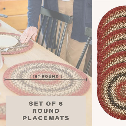 Homespice Chester Jute Woven Round Placemats Set of 6, 15", Warm Lodge and Cabin Decor, Red Table Mats - Vibrant Colors, Durable, Easy to Clean and Protects Furniture