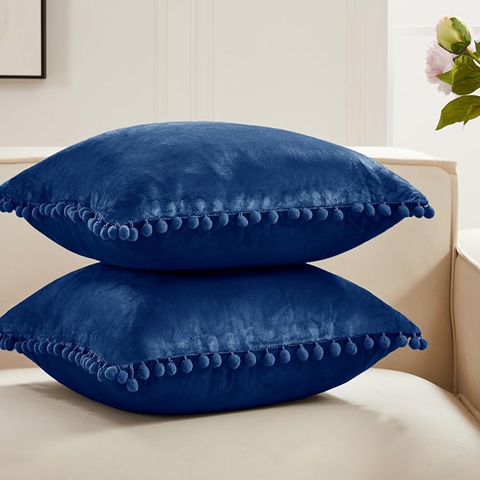 Deconovo Velvet Throw Pillow Covers, Set of 2, 18” x 18” Navy, Decorative Soft Farmhouse Square Pom-poms Case for Sofa Bedroom