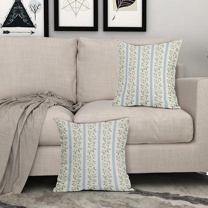 Vintage Floral Pillow Covers 22x22 Set of 2 Striped Boho Decor Blue Green Pillowcases Summer Printed Grand Millenial Throw Pillow Covers with Zipper Soft Cozy for Sofa Bed Chair Home Decoration