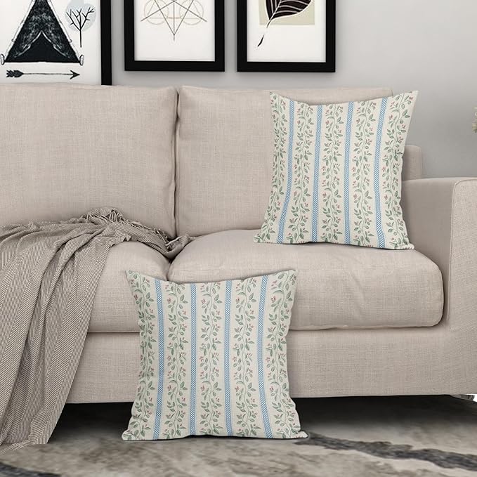 Vintage Floral Pillow Covers 16x16 Set of 2 Striped Boho Decor Blue Green Pillowcases Summer Printed Grand Millenial Throw Pillow Covers with Zipper Soft Cozy for Sofa Bed Chair Home Decoration
