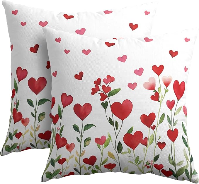 Valentines Day Pillow Covers 24x24 Set of 2 Green Red Heart Throw Pillow Covers Love Pillowcase Linen Decoration Farmhouse Holiday Cozy Soft Cushion Case Couch for Indoor Outdoor Home Decor