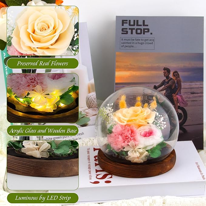 Yellow Rose Valentines Day Gifts for Her Gifts for Womens Mothers Day Gifts for Mom Grandma - Preserved Real Rose in Glass Dome with LED Strip, Forever Flowers for Delivery on Birthday