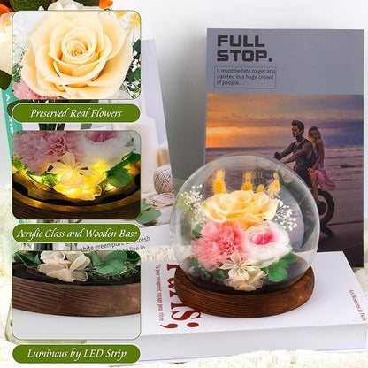 Yellow Rose Valentines Day Gifts for Her Gifts for Womens Mothers Day Gifts for Mom Grandma - Preserved Real Rose in Glass Dome with LED Strip, Forever Flowers for Delivery on Birthday