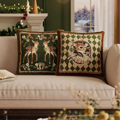 Grandmillennial Checkered Pillow Cover, Velvet Euro Sham Covers Decorative Throw Pillow Covers 18x18 for Couch Sofa Bed Living Room, Christmas & Holiday, Deer Green