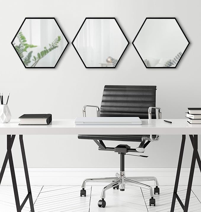 Kate and Laurel Rhodes Modern Hexagon Wall Mirror Set, 3 Pieces Black, Chic Geometric Mirror for Wall