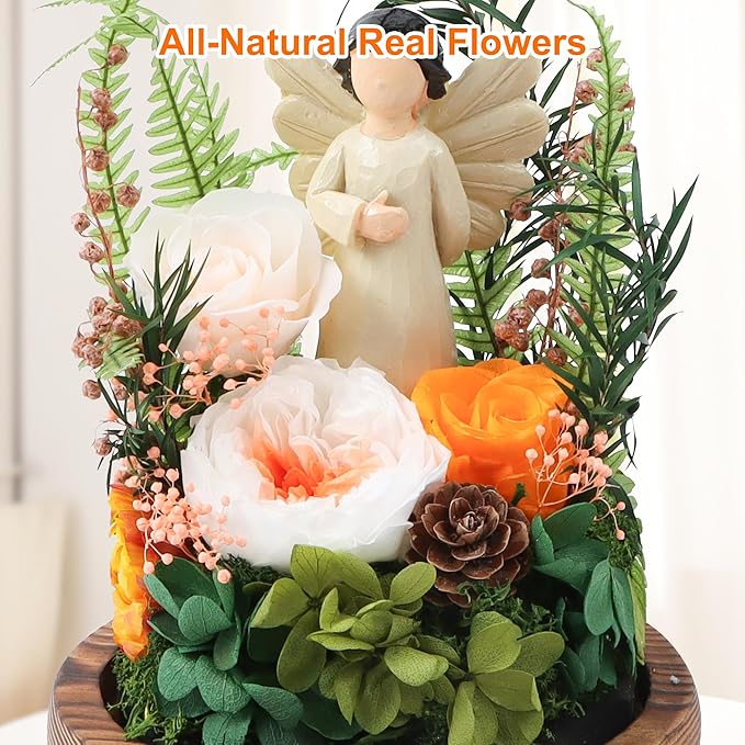 Preserved Flowers in Glass Dome, Forever Flower, Eternal Flowers, Birthday Gifts for Women, Gifts for Mom Girlfriend Her Friendship, Home Decor Living Room Bedroom (Creamsicle)
