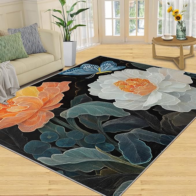 Flowers 6x8 Area Rugs for Living Room Classic Petals Washable Rug Orange-Yellow Flowers Rug Non Slip Low Pile Soft Area Rugs for Bedroom Bedside Dining Room Kids
