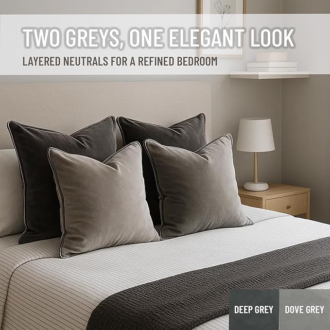 2 Pack Velvet Decorative Throw Pillow Covers, 18"x18", Deep Grey, Solid, Modern, Contrast Piping, Indoor Use, Bedroom & Living Room