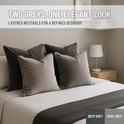 2 Pack Velvet Decorative Throw Pillow Covers, 18"x18", Deep Grey, Solid, Modern, Contrast Piping, Indoor Use, Bedroom & Living Room