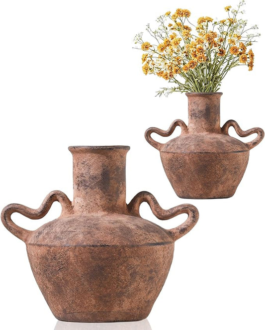 UPWOIGH 9.3" Vintage Twin Handle Terracotta Vase – Rustic Mediterranean Farmhouse Decor