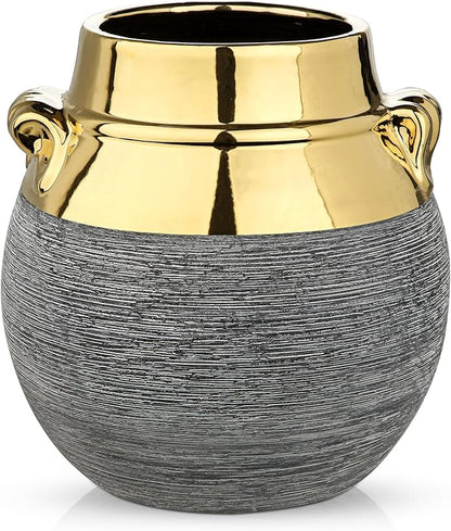 Rustic Ceramic Vase with Gold Rim and Ears – 9" Decorative Flower Vases for Living Room, Dining Table Centerpiece & Shelf Décor – Modern Farmhouse, Boho & Contemporary Home Accents