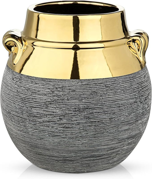 Rustic Ceramic Vase with Gold Rim and Ears – 9" Decorative Flower Vases for Living Room, Dining Table Centerpiece & Shelf Décor – Modern Farmhouse, Boho & Contemporary Home Accents