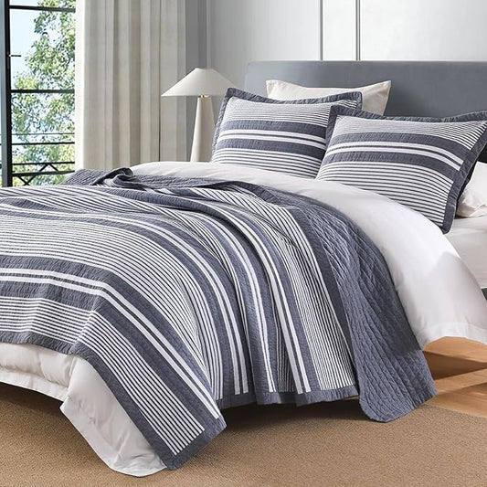 100% Cotton Quilt Set Queen Size, Queen Quilt Bedding Set, Waffle Texture Quilt Bedspread for Queen Bed, Striped Reversible Bed Spread Lightweight Comforter, 3Pcs, Slate Gray