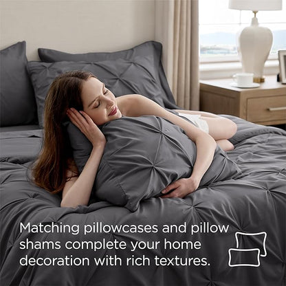 Bedsure Queen Comforter Set Dark Grey - Bed in a Bag Queen Size Bedding 7 Pieces, GentleSoft™ Pintuck Bed Set Gift for Family, Pinch Pleat All Season Comforter with Sheets, Pillowcases & Shams