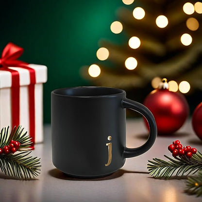 COLLECTIVE HOME - Black Monogram Ceramic Mugs, 15 oz Golden Initial Coffee Cups, Elegant Alphabet Tea Mugs, Personalized Halloween Mug with Gift Box, Perfect for Office and Home Décor (j)