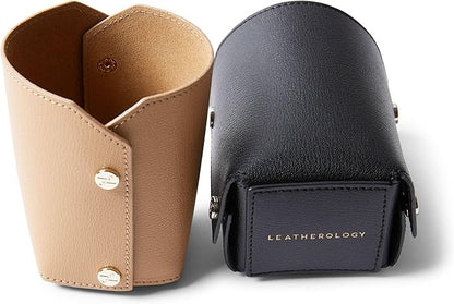 Leatherology Premium Black Modern Pencil Cup – Leather Desk Organizer with Snap Construction, Lays Flat for Travel, Minimalist Portable Design with Suede Interior