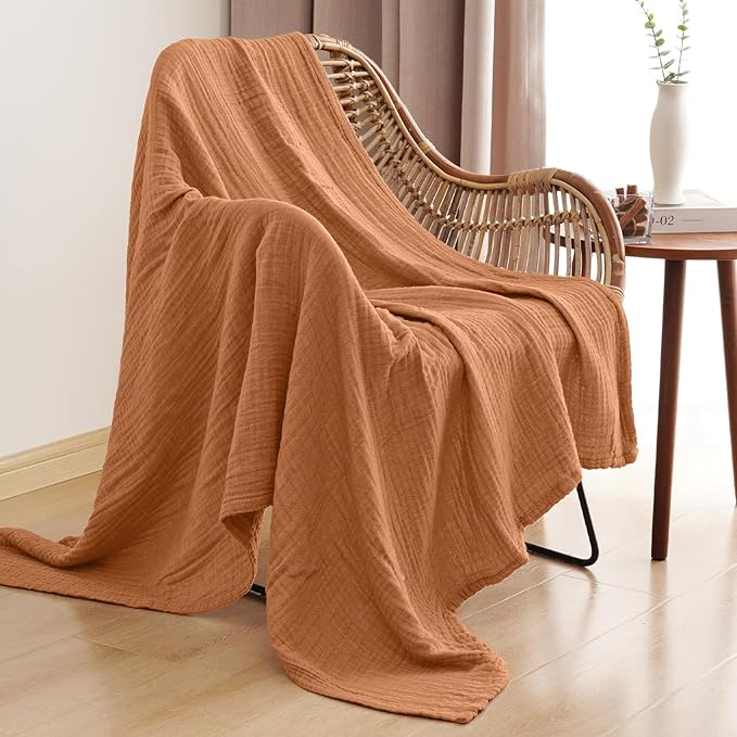 PHF 100% Cotton Muslin Blanket Twin XL Size 66"x90", 4-Layer Lightweight Gauze Throw, Breathable Cloud-Soft Minimalist Blanket for Bed, Couch, Camping & Baby, Caramel, Ideal Gift