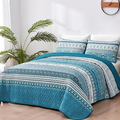 WONGS BEDDING Boho Queen Quilt Set, Teal and Blue Bohemian Quilt Bedding Set, Lightweight Bed Decor Bedspread for All Season Reversible Microfiber Coverlet Bedding Set 96"x90"(3 Pieces)