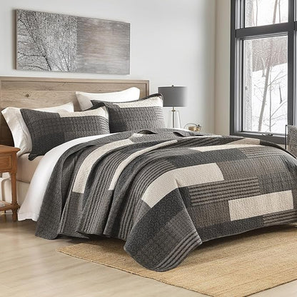 100% Cotton Quilt Set King Size - Plaid Quilted Comforter, Patchwork Striped King Quilt Bedspread, Modern Farmhouse Lightweight Bedding for King Bed, 3pcs, Charcoal/Gray/Taupe/Beige