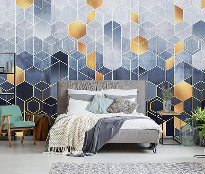 Blue and Gold Geometric Wallpaper Mural for Living Room Bedroom（Not Peel and Stick）