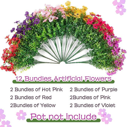 Artificial Flowers for Outdoors,Faux Flowers Daisy with Eucalyptus Leaves for Indoor Garden Home Decoration,UV Resistant Artificial Flower Fake Plants for Porch Patio, 12 Bundles (6 Multicolor)