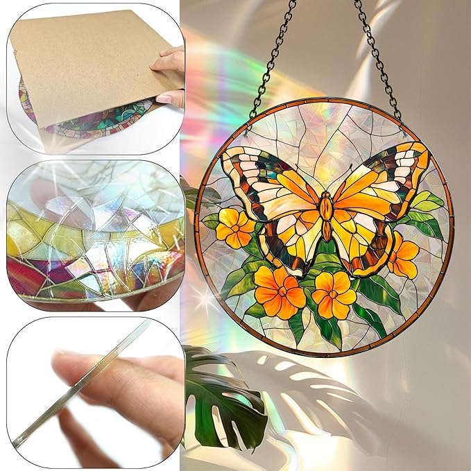 Bimkole Yellow Butterfly Sun Catchers Indoor Window - Flowers Acrylic Suncatcher Hanging Decoration for Living Room Bedroom Summer Home Balcony Outdoor Garden Ornaments Decoration 7.8x7.8 Inch