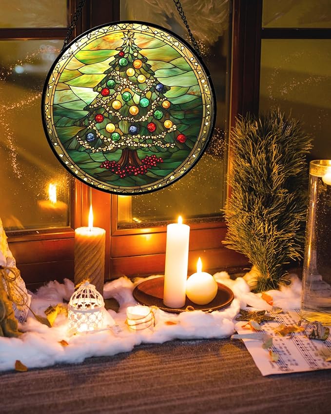 Stained Glass Window Hanging - Green Christmas Tree Gold Ribbon Suncatcher for Doors Home Christmas Decoration Sun Catcher Thanksgiving New Year Birthday Gifts for Women Men Mom Nana 15 in