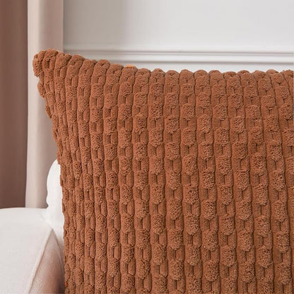Kevin Textile Decorative Pillow Covers Set of 2 Striped Plush Corduroy Pillows Pillowcases Boho Home Decor Cushion Covers for Couch Sofa Bed Living Room 22x22 Inch, Burnt Orange