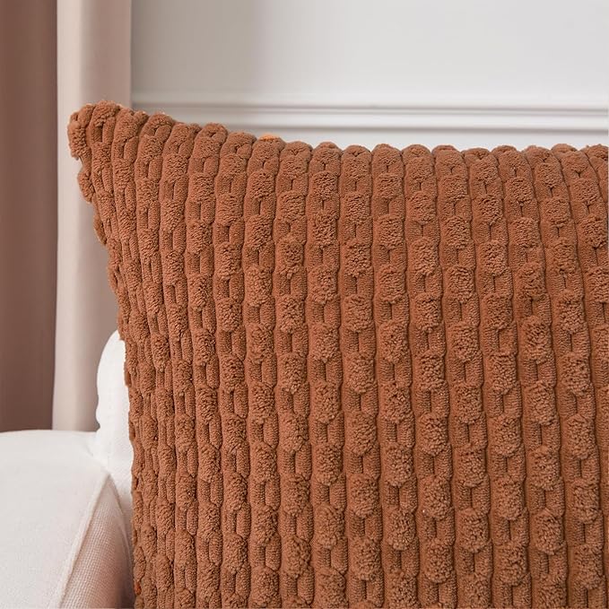 Kevin Textile Decorative Pillow Covers Set of 2 Striped Plush Corduroy Pillows Pillowcases Boho Home Decor Cushion Covers for Couch Sofa Bed Living Room 24x24 Inch, Burnt Orange