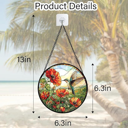 Stained Glass Window Hanging, Hummingbirds Orange Flowers Suncatcher Diamond Glass Panel Hangings Sun Catchers Decor for Birthday for Women, Men, Wife, Aunt, and Mom 6.3 in