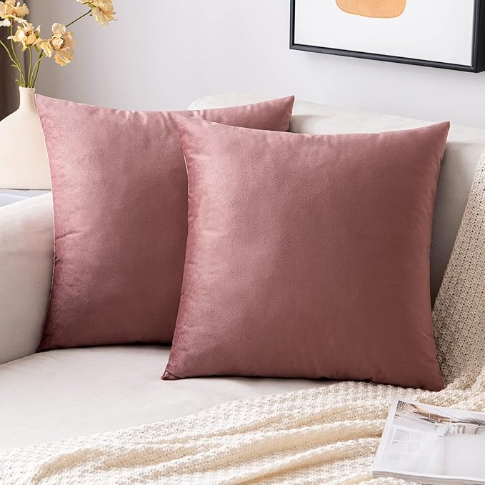 EMEMA Pack of 2 Velvet Throw Pillow Covers Decorative Square Pillowcase Soft Solid Cushion Case for Sofa Bedroom Chair Car 18x18 Inch Dusty Rose