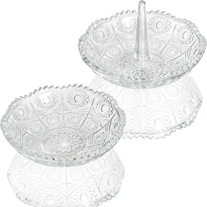 Set of 2 Crystal Ring Holder Dish for Women Clear Glass Jewelry Dish Tray for Rings Earrings Necklace Organizer Elegant Engagement, Anniversary, Christmas Gifts
