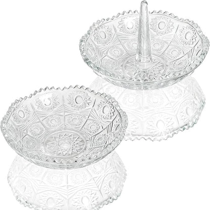Set of 2 Crystal Ring Holder Dish for Women Clear Glass Jewelry Dish Tray for Rings Earrings Necklace Organizer Elegant Engagement, Anniversary, Christmas Gifts