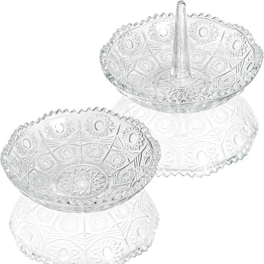 Set of 2 Crystal Ring Holder Dish for Women Clear Glass Jewelry Dish Tray for Rings Earrings Necklace Organizer Elegant Engagement, Anniversary, Christmas Gifts