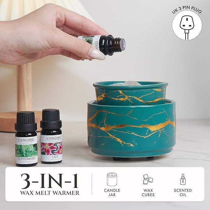 PALANCHY Wax Melt Warmer Ceramic 2-in-1 Oil Burner Electric Candle Wax Warmer Burner Melter Fragrance Warmer for Scented Waxs Home Office Bedroom Aromatherapy Gift& Decor (Green Gold)