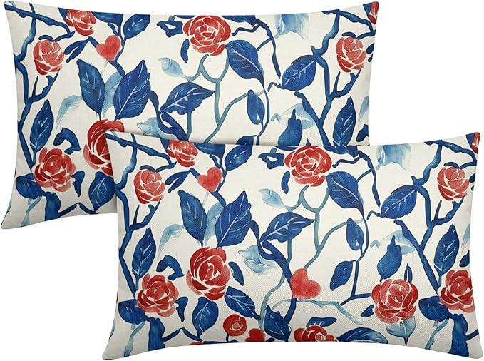 Valentines Day Pillow Covers 12x20 Set of 2 Blue Red Floral Throw Pillow Covers Flower Pillowcase Linen Decoration Farmhouse Holiday Cozy Soft Cushion Case Couch for Indoor Outdoor Home Decor