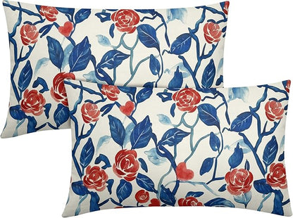 Valentines Day Pillow Covers 12x20 Set of 2 Blue Red Floral Throw Pillow Covers Flower Pillowcase Linen Decoration Farmhouse Holiday Cozy Soft Cushion Case Couch for Indoor Outdoor Home Decor