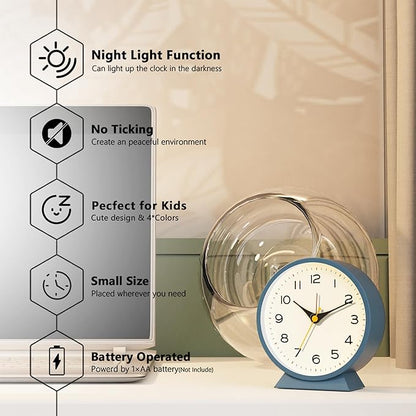 AYRELY® 4.5" Analog Alarm Clock,Small Retro Desk Clock Battery Operated,Slient Metal Table Clock with Light for Living Room Decor,Bedroom,Bedside,Shelf (Blue)