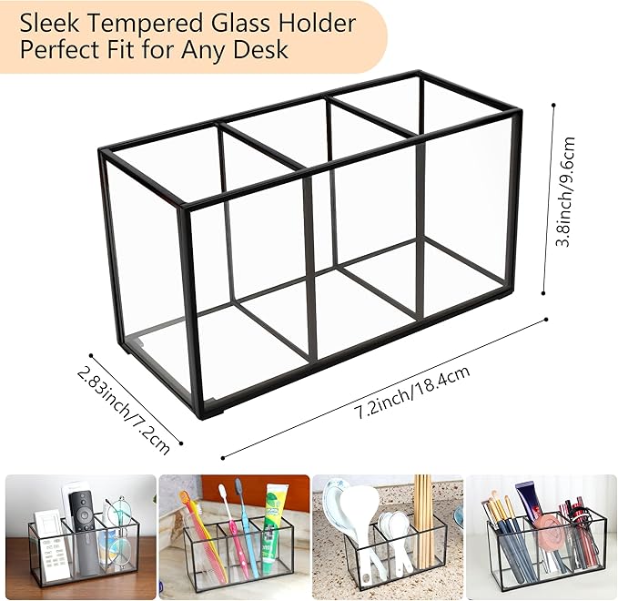 Pencil Holder for Desk,Tempered Glass Pen Holder,3&4 Compartments,Desktop Storage Organizer for Office Supplies,School Supplies,Pens,Markers,Pencils,Scissors,Paperclips (Black, 3 compartments)