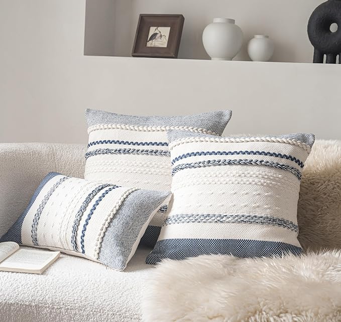 Boho Throw Pillow Covers 20x20 Inch Set of 2, Navy Blue Textured Decorative Couch Pillow Cases for Farmhouse Home Decor, Accent Cushion Cover for Sofa, Bed, Living Room, Bedroom