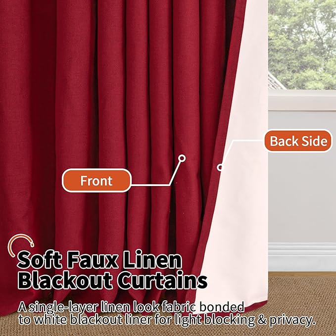 Lajode Red Linen Blackout Christmas Curtains for Living Room - Thermal Insulated Heavy Curtains 84 Inch Long, Thick Light Blocking Soundproof Curtains for Winter Bedroom Each 52x84 Inch 2 Panels