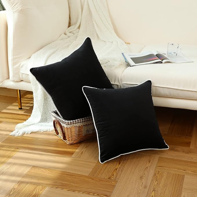 LIGICKY Set of 2 Black Velvet Throw Pillow Covers Modern Minimalist Style Solid Decorative White Rope Edging Soft Square Cushion Cases for Sofa Bedroom Party Décor, 18 x 18 inch