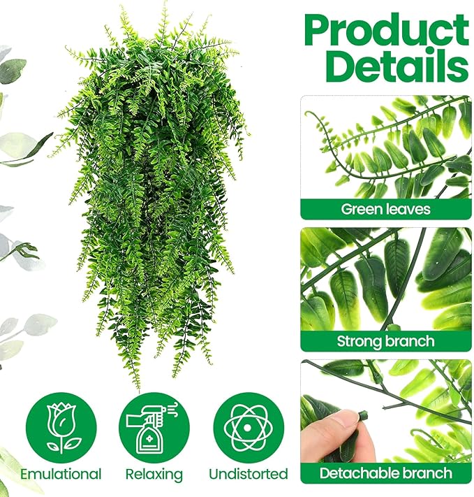 Geosar 88 Pcs Artificial Hanging Plants 32 Inch Hanging Boston Ferns Plastic Fake Plants for Wall Room Garden Wedding Garland Indoor Outdoor Decoration, No Basket