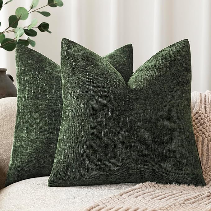 Foindtower Pack of 2 Soft Textured Chenille Throw Decorative Pillow Covers Square Accent Solid Cushion Cover Neutral Farmhouse Pillow Case for Couch Sofa Bedroom Living Room 18x18 Inch,Dark Green