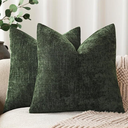 Foindtower Pack of 2 Soft Textured Chenille Throw Decorative Pillow Covers Square Accent Solid Cushion Cover Neutral Farmhouse Pillow Case for Couch Sofa Bedroom Living Room 18x18 Inch,Dark Green