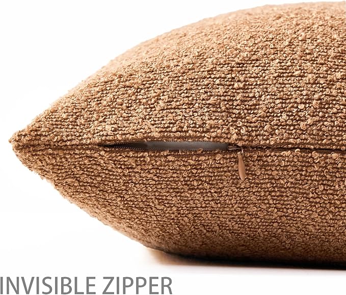 Boucle Decorative Throw Pillow Covers for Couch Set of 2, 18x18 inches, Tobacco