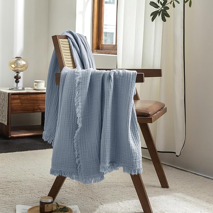 FOSSA Muslin Blanket with Fringe - 4-Layer 100% Cotton Gauze Super Soft & Breathable Throw -Lightweight Decorative Cooling Blanket for Bed, Sofa, Office (Cornflower Blue, Throw XL (50" × 70"))