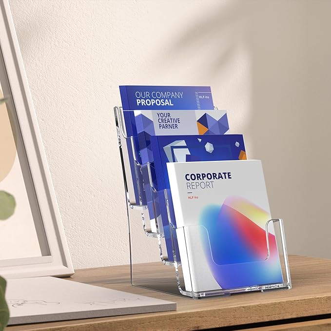 Brochure Holder 6x9 Inch 4 Tier Acrylic Literature Holders Clear Plastic Flyer Display Stand Countertop Use or Wall Mount Pamphlet Holder Organizer for Office, Lobby, Hotel, Trade Show, 2 Pack