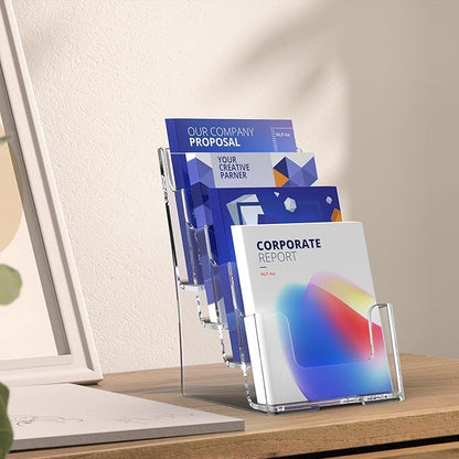 Brochure Holder 6x9 Inch 4 Tier Acrylic Literature Holders Clear Plastic Flyer Display Stand Countertop Use or Wall Mount Pamphlet Holder Organizer for Office, Lobby, Hotel, Trade Show, 2 Pack